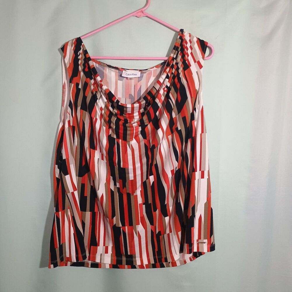 Calvin Klein Abstract Geometric Print Drape Neck Sleeveless Blouse